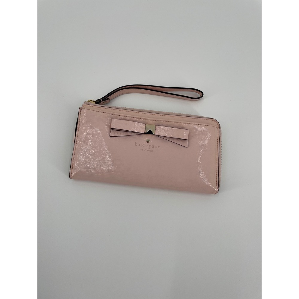 Kate Spade New York Pink Patent Leather Bow Zip Around Wristlet Wallet